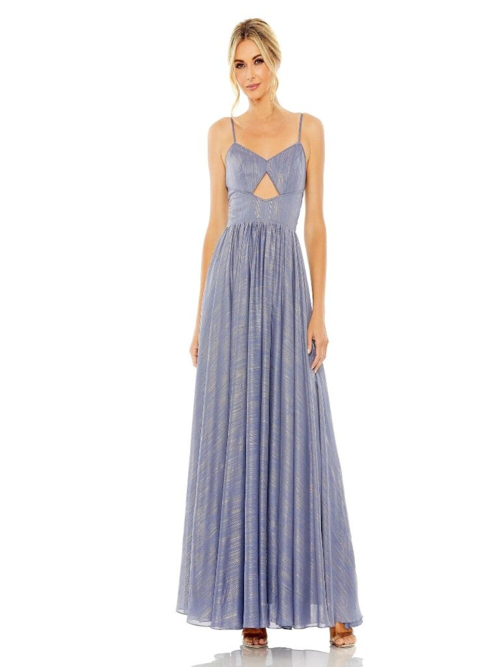Mac Duggal 49738 Slate Gold Metallic Gown Spaghetti Straps &  Cutout Size 16 NWT